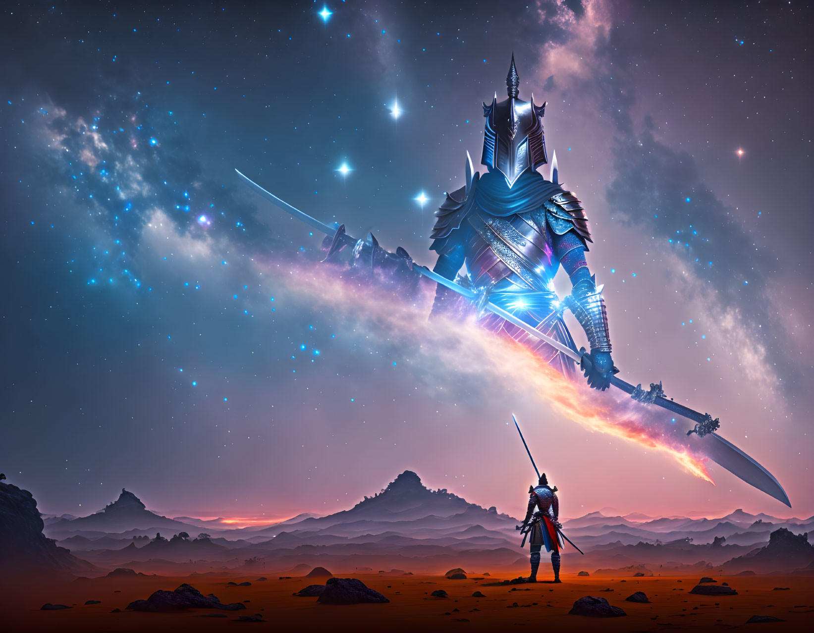 Futuristic knight with glowing sword on alien terrain under starry sky