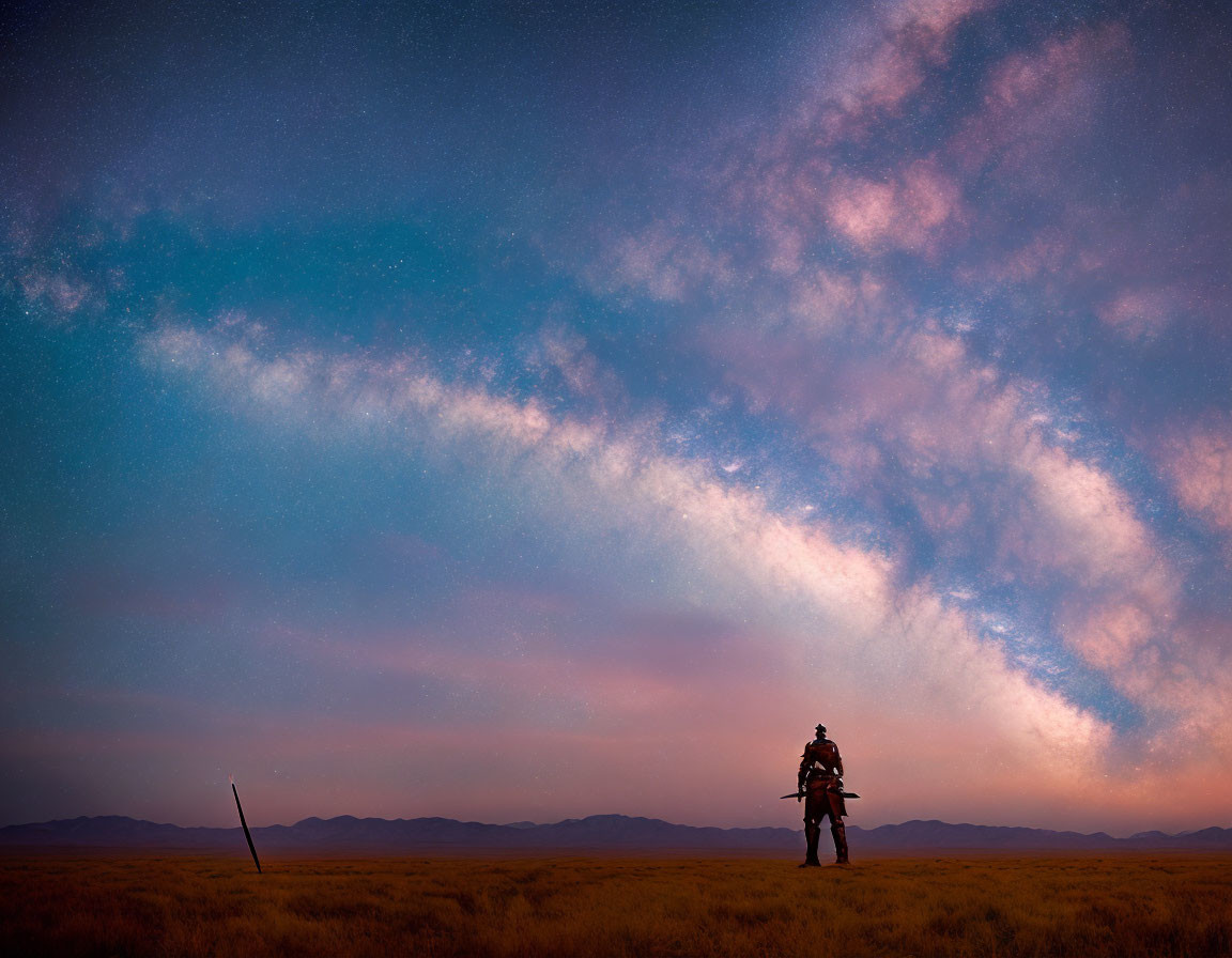 Medieval knight in field under twilight sky with sword.