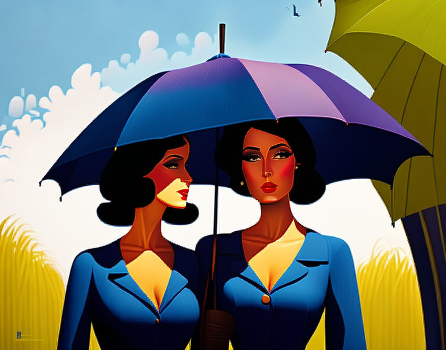 Stylized women with red lipstick and colorful umbrellas in wheat field landscape