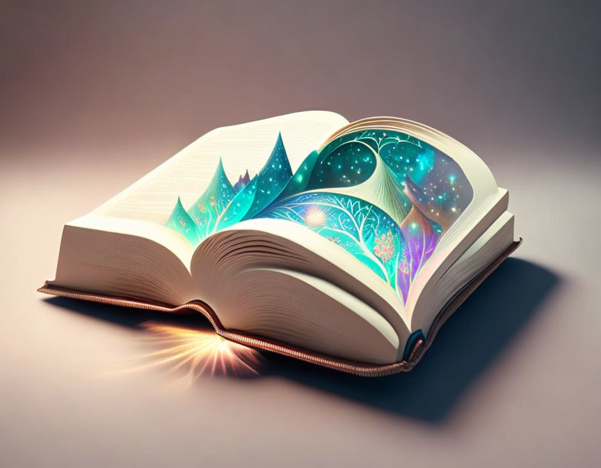 Illuminated magical forest scene in open book