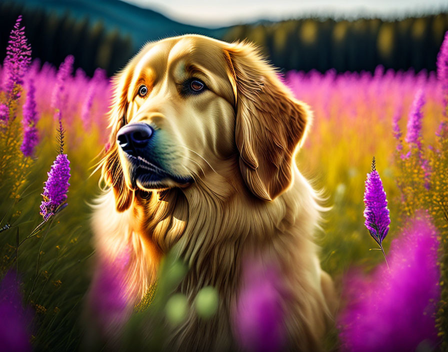 Golden Retriever in Purple Flower Field at Golden Hour