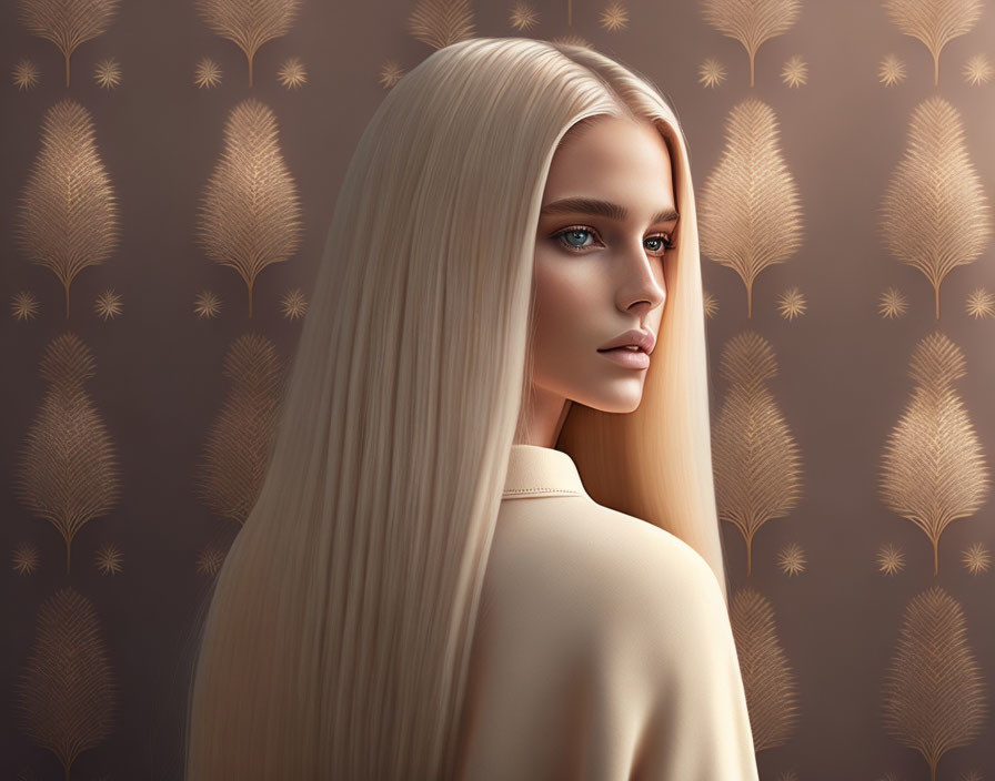 Blonde woman with blue eyes in digital art against brown feather backdrop