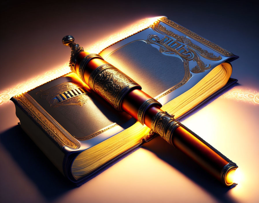 Golden scroll atop open book with embossed cover in warm light.