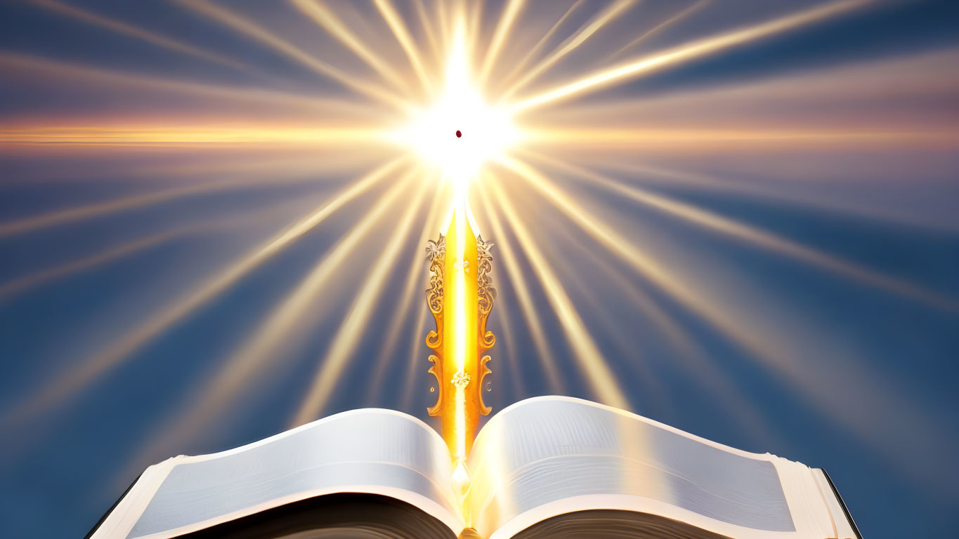 Ornate open book with glowing pages under bright sun