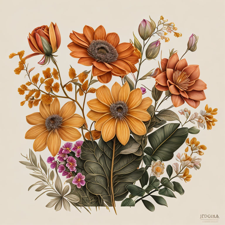 Colorful bouquet illustration: orange, green, and pink flowers on neutral backdrop