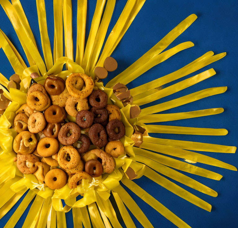 Colorful Cereal Rings and Chocolate Pieces on Yellow Object with Ribbon Extensions on Blue Background