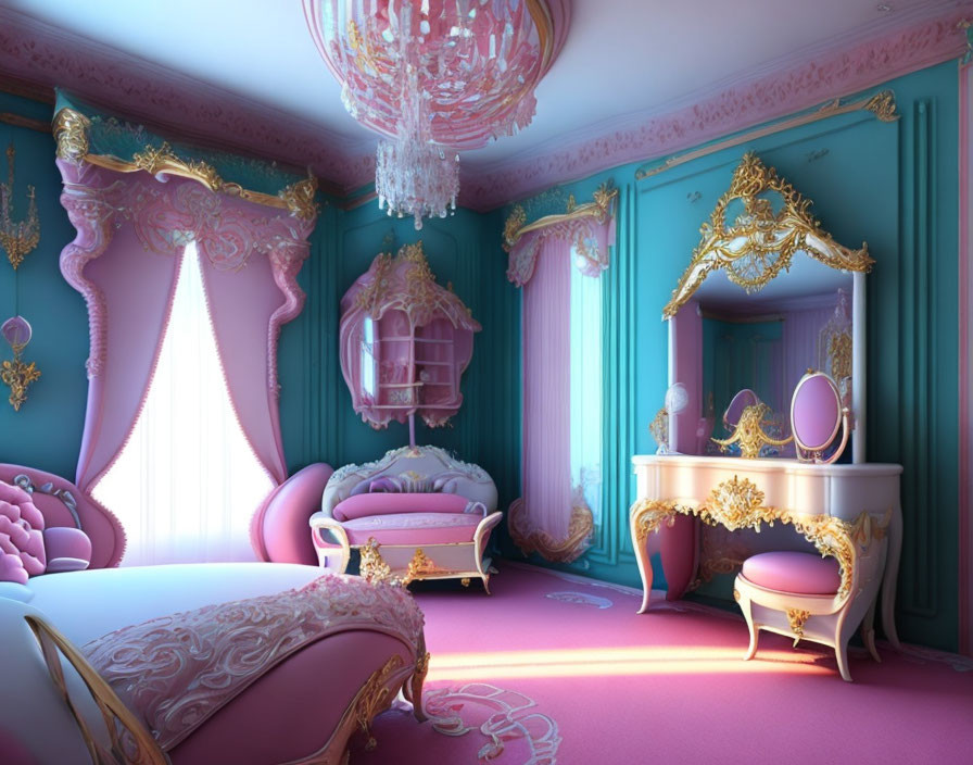 Luxurious Bedroom with Pink and Turquoise Decor and Gold Accents