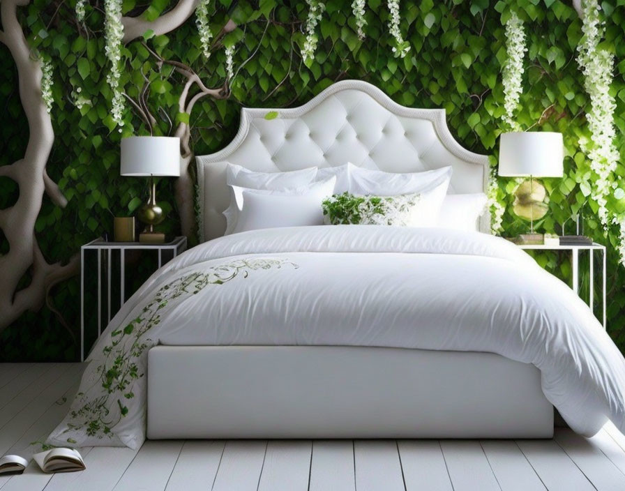 White Tufted Bed with Green Vines: Serene Bedroom Decor