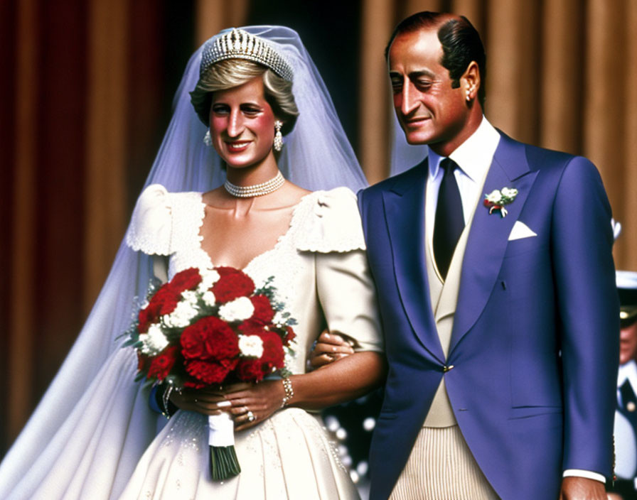 Bride in white dress smiling with bouquet next to man in blue suit