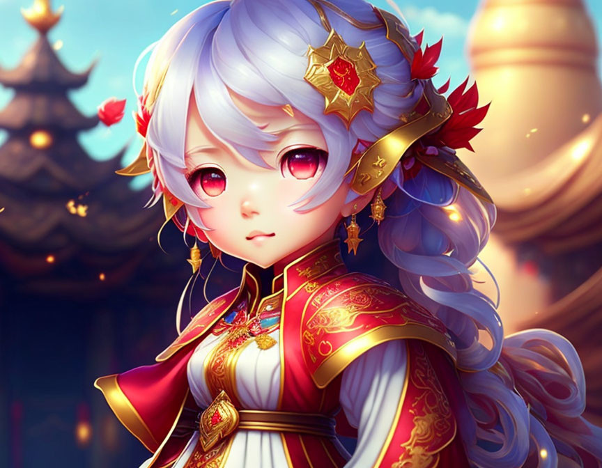 Illustrated character with silver hair and pink eyes in red and gold attire