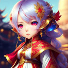 Illustrated character with silver hair and pink eyes in red and gold attire