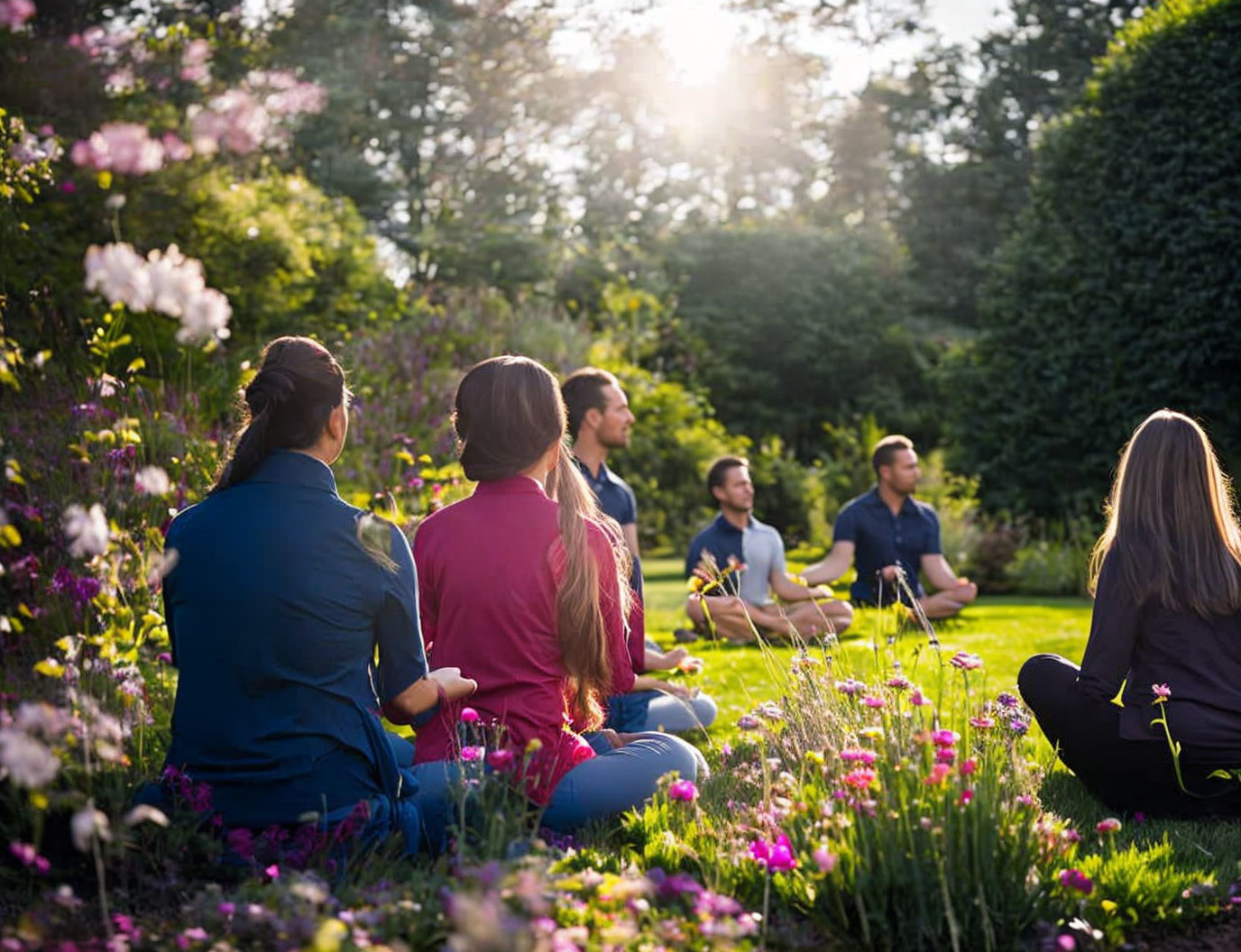 Group meditating in lush garden at sunset