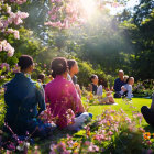 Group meditating in lush garden at sunset