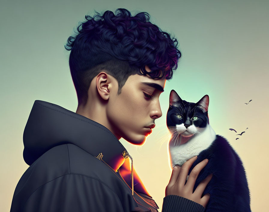 Digital artwork: Young person with curly hair holding a cat on gradient background