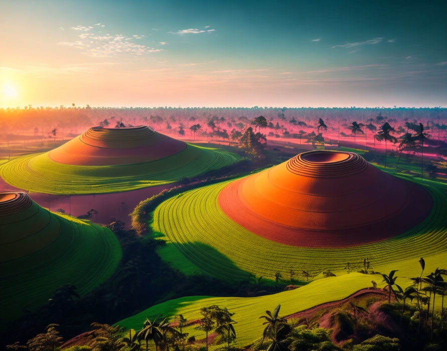 Golden sunrise illuminates green agricultural fields with palm trees