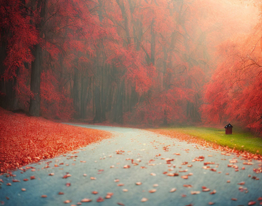 Tranquil Autumn Landscape with Red Leaves and Fiery Trees