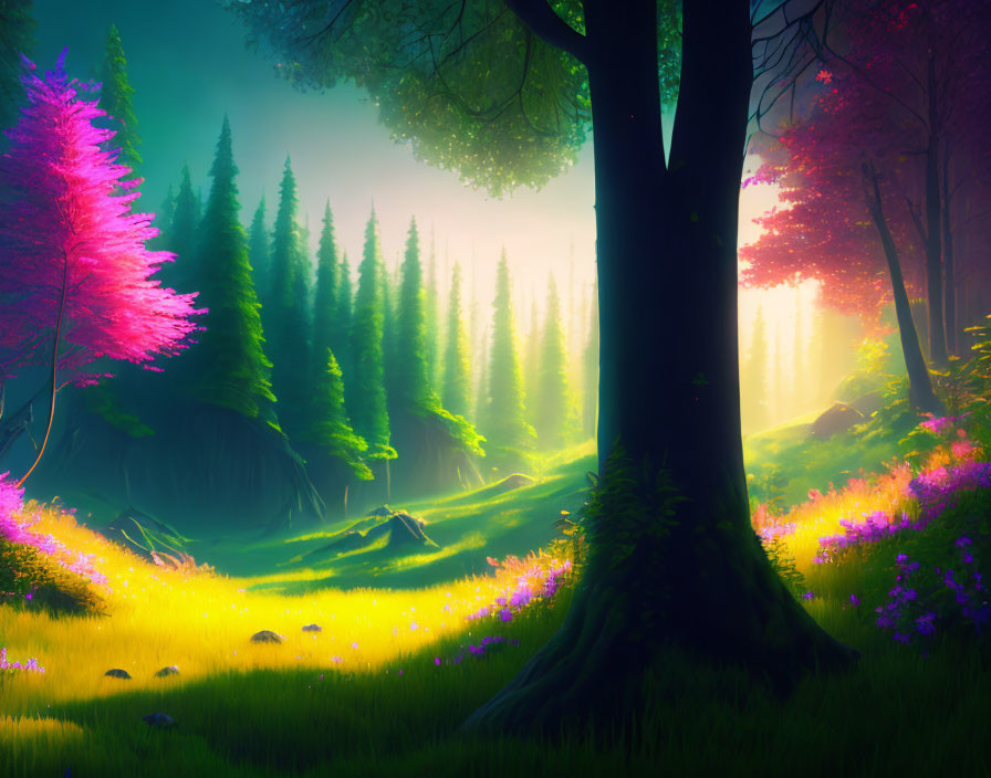 Sunlit forest with colorful flowers and pink tree in meadow