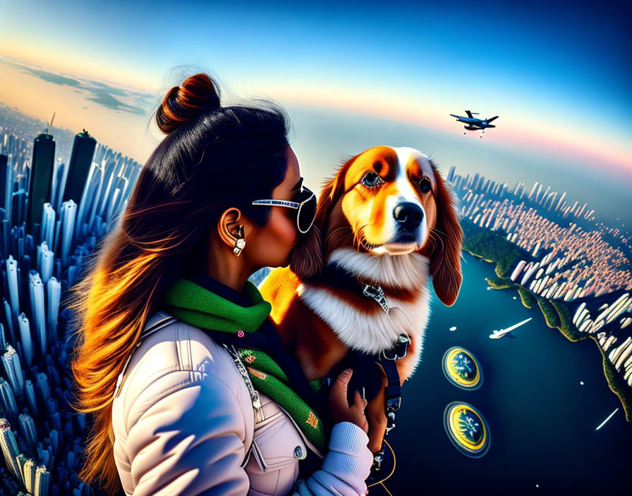 Woman and dog admire cityscape at sunset with flying plane