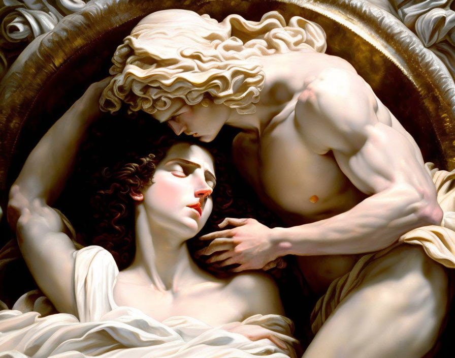 Hyperrealistic Painting: Muscular Male Embracing Female Figure