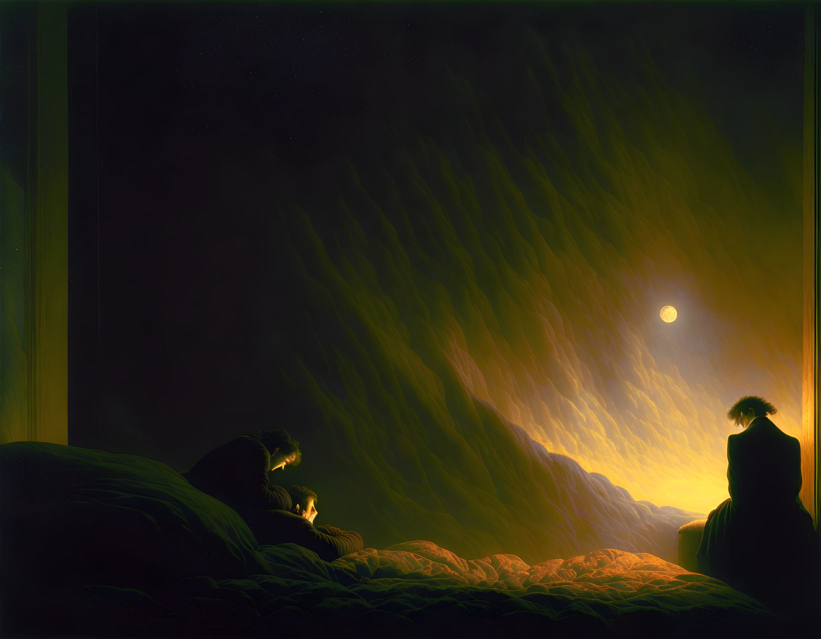 Silhouetted figures on rock under dramatic night sky with moon and light beams