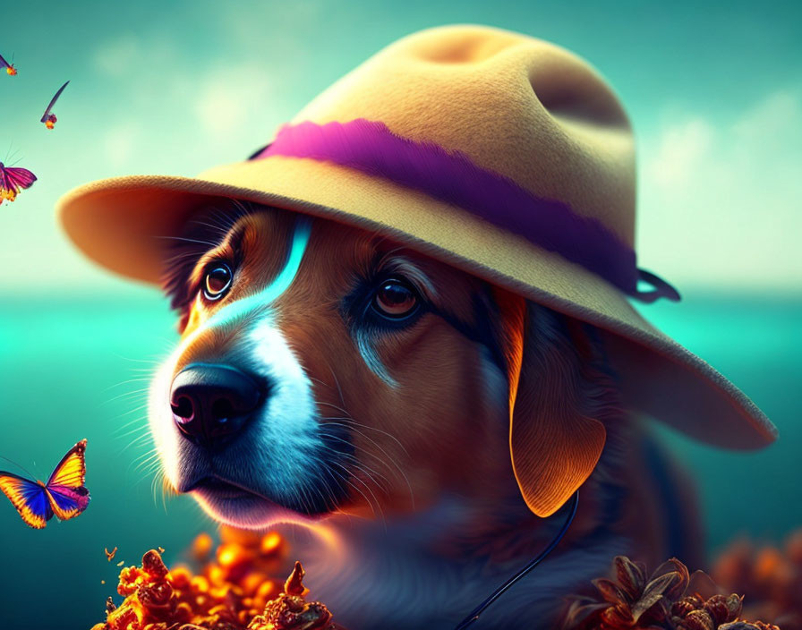 Digital artwork: Dog in yellow hat with butterflies on turquoise background