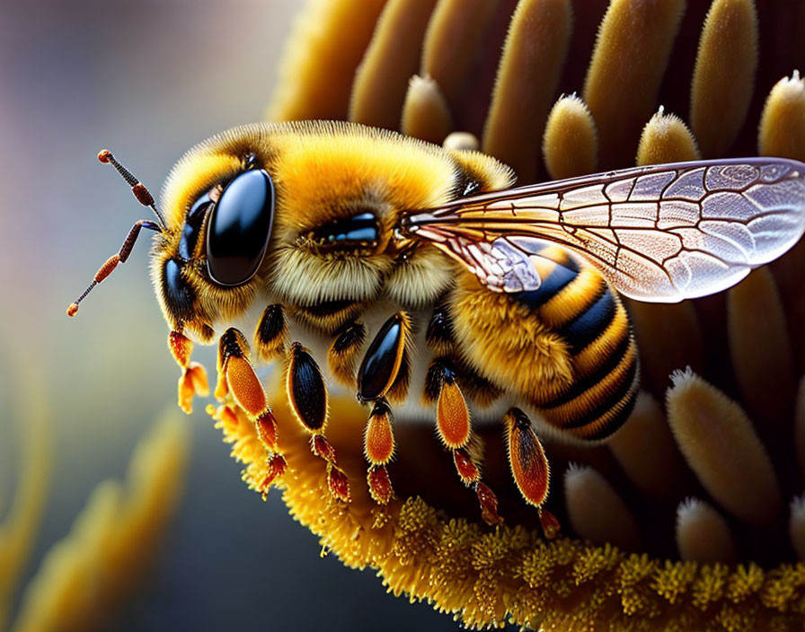 Detailed Close-Up of Bee with Translucent Wings on Flower Petals