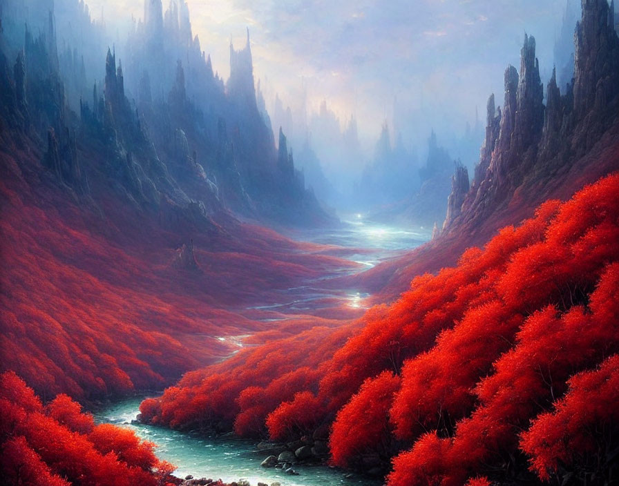 Scenic landscape: river, red-leafed forests, misty spires