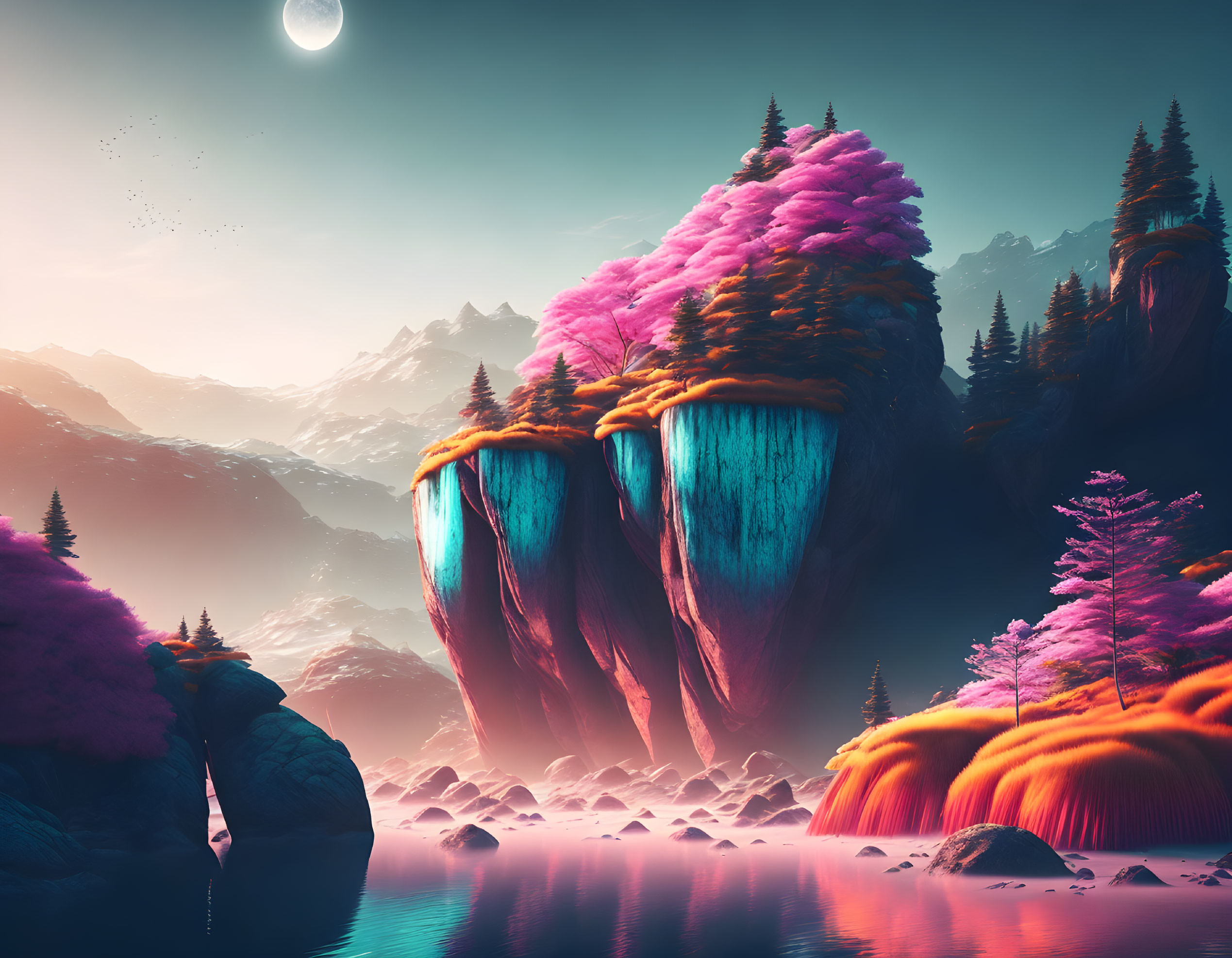 Surreal landscape with vibrant pink foliage on floating rocks amidst misty mountains