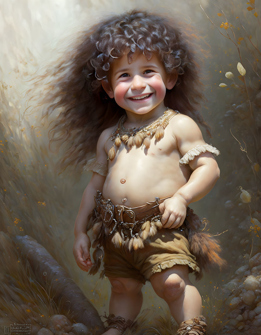 Joyful child in fantasy tribal attire in sunlit natural setting