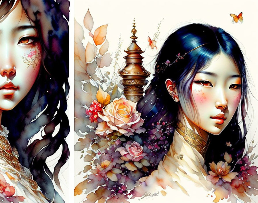 Asian women's portraits with floral and butterfly watercolor illustrations