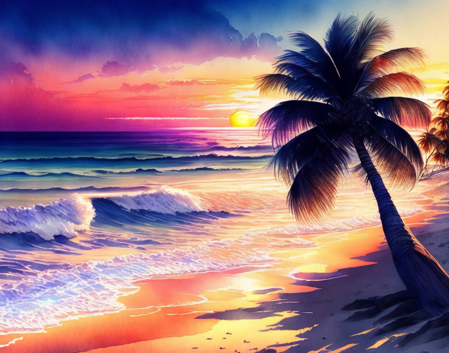 Vibrant beach scene: sunset, crashing waves, palm tree, colorful sky.