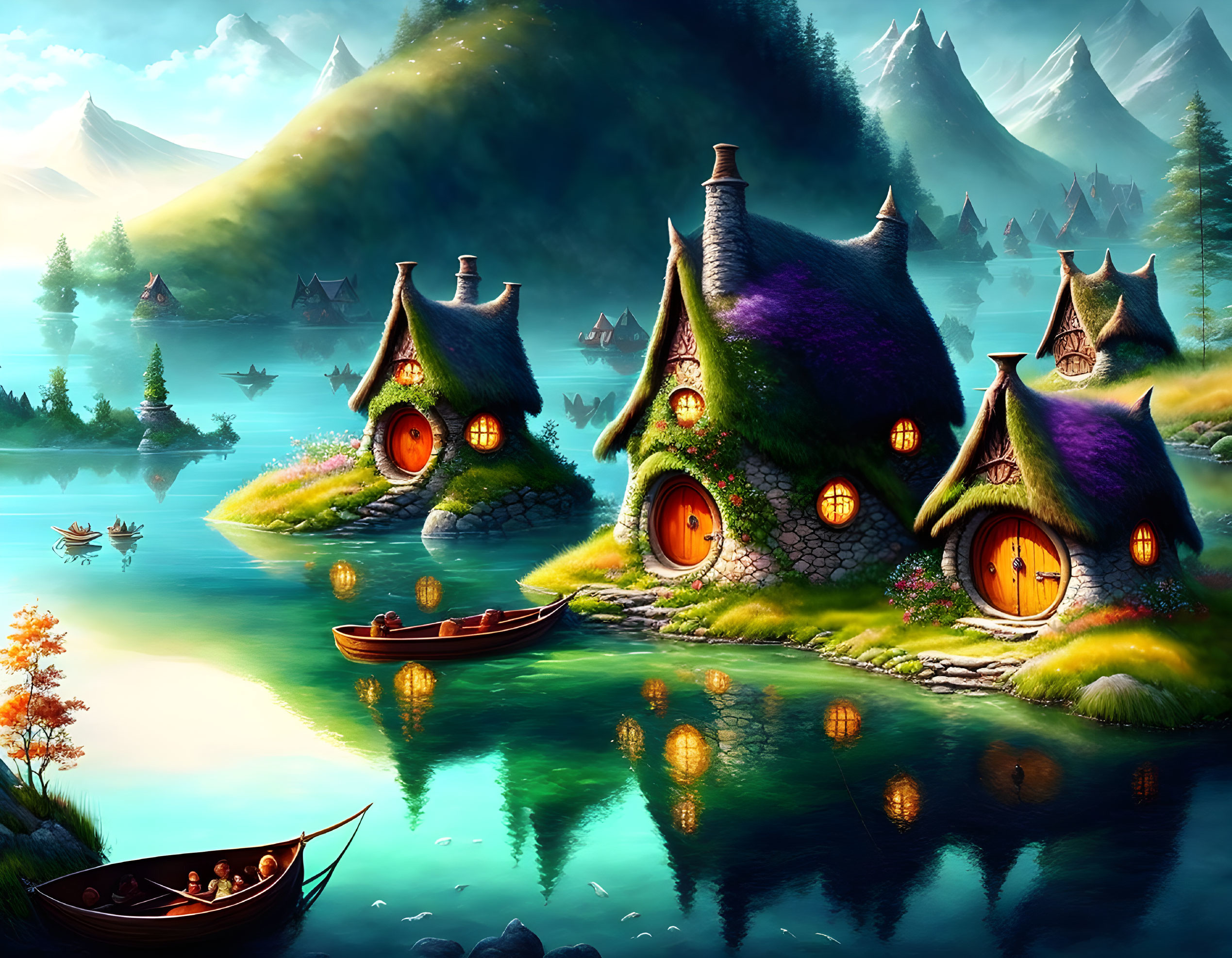 Tranquil fantasy landscape with thatched-roof cottages, lake, mountains, and boat.