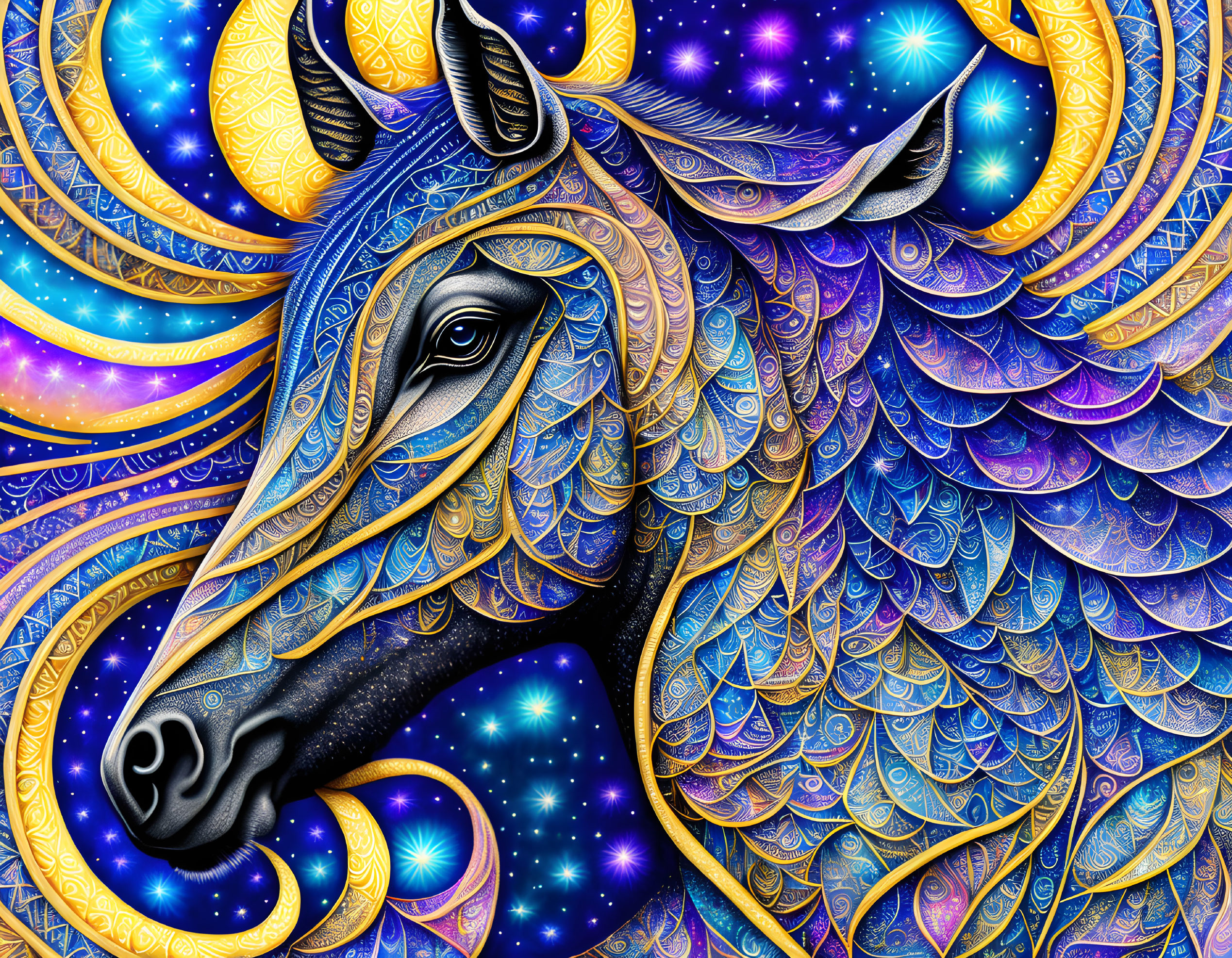 Colorful Psychedelic Horse Illustration with Cosmic Elements