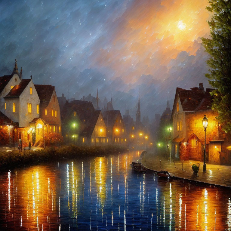 Illuminated village by river at night with glowing street lamps