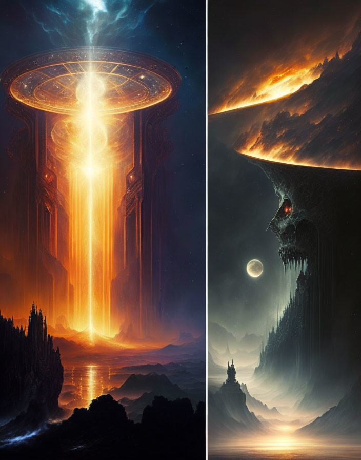 Split fantasy landscape images: ethereal tower with light beam vs. dark monolithic structure with dual moons