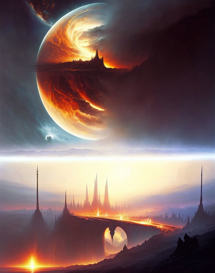 Fantasy landscape with towering spires, lava bridge, and giant planet.