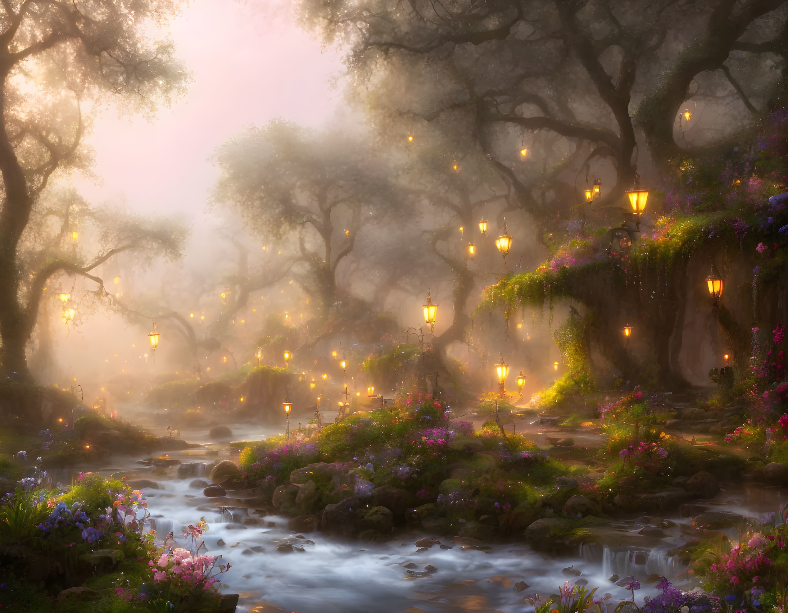 Enchanted forest with stream, lanterns, flowers, mist: a serene, magical scene