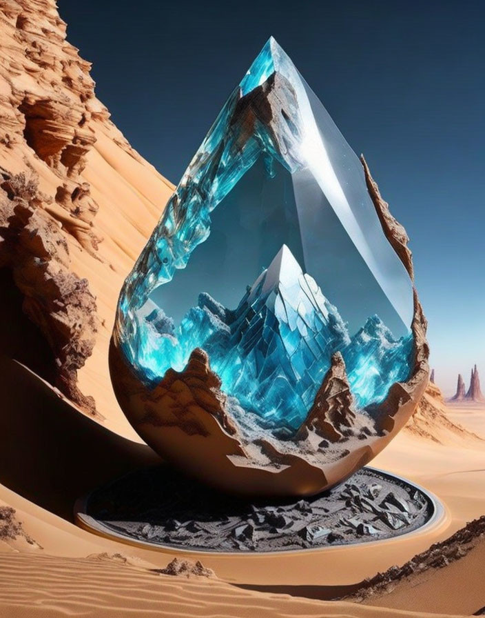 Blue crystal teardrop sculpture with landscape inside against desert backdrop