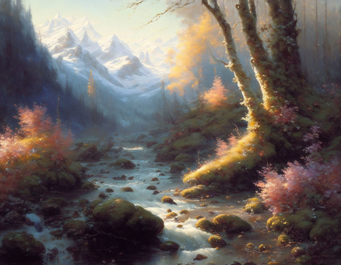 Tranquil forest stream with flowering trees and mountains