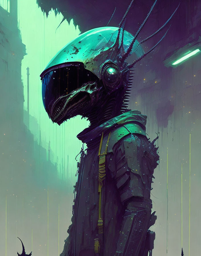 Futuristic humanoid creature in insect-like armor with scarf in neon-lit setting