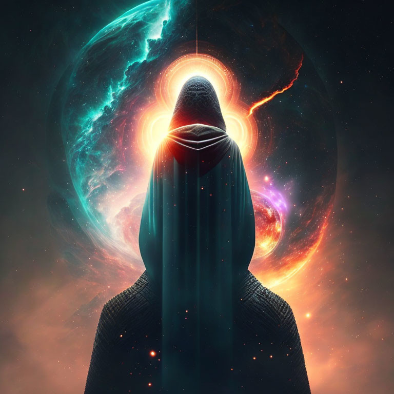 Cloaked Figure in Cosmic Space with Galaxies and Nebulas