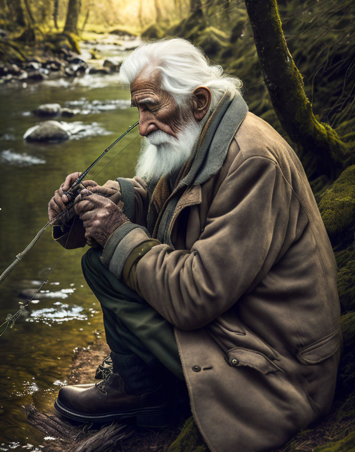 Elderly man with white beard fishing by lush stream