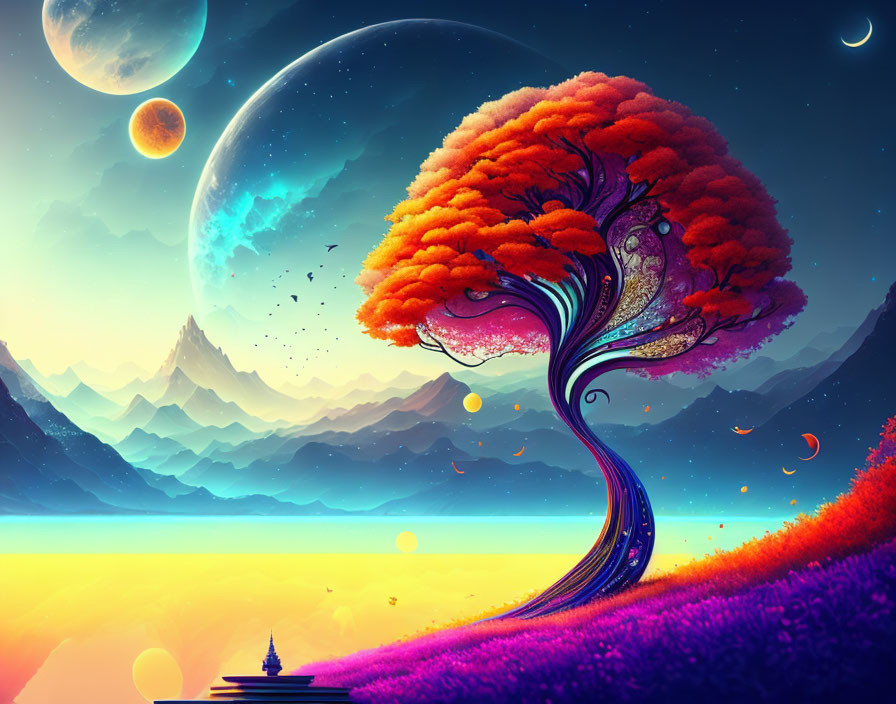 Colorful digital artwork: whimsical tree against alien landscape