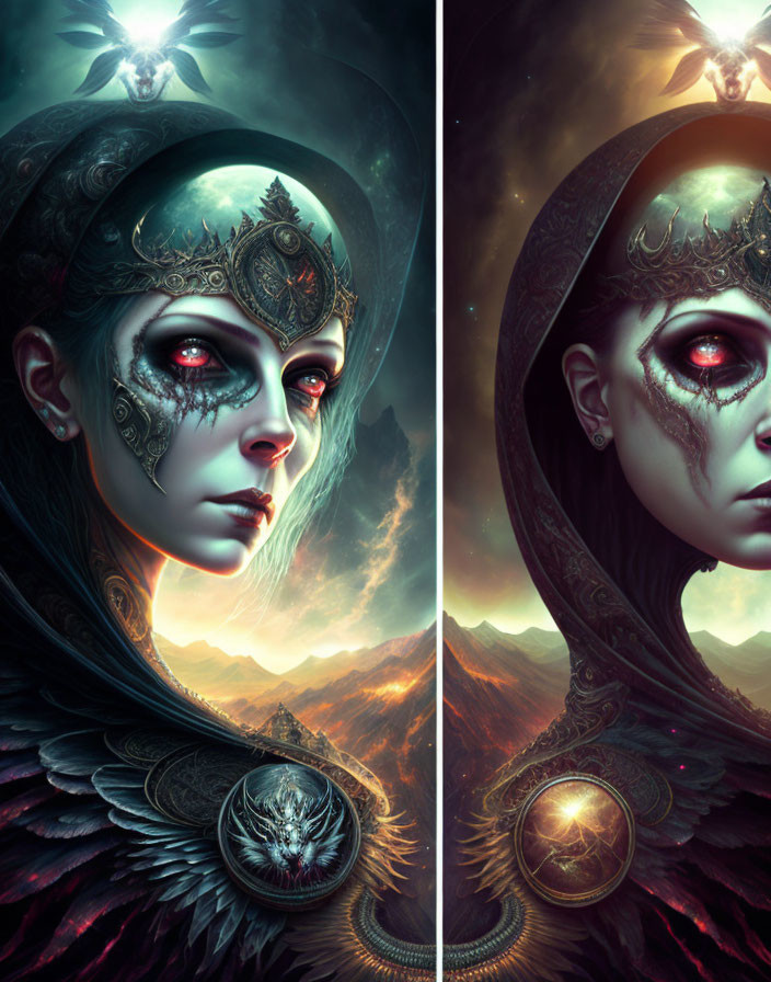 Stylized portraits of female character in dark feathered attire with glowing red eye against dramatic backdrop