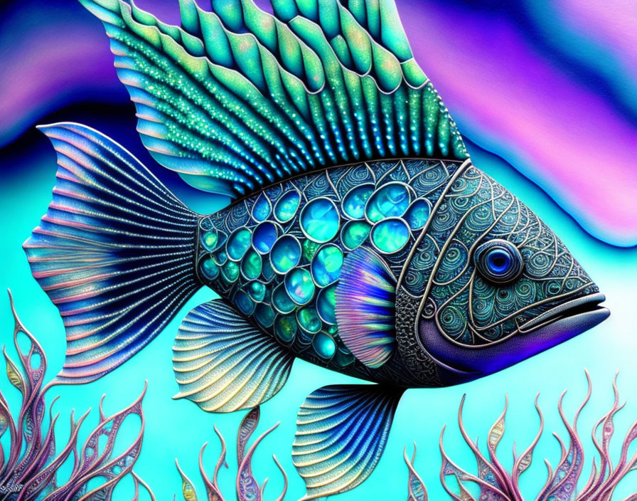 Colorful Digital Artwork of Fish with Iridescent Scales and Intricate Patterns