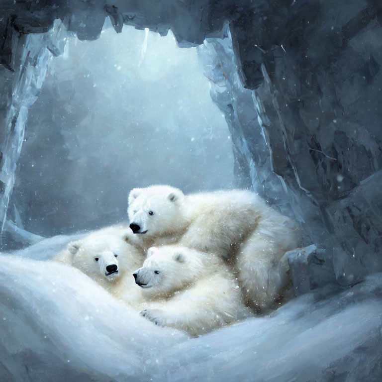 Polar bears huddle in snowy ice den with soft glow.