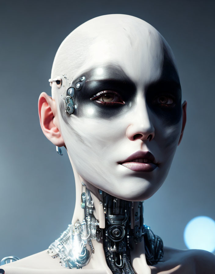 Detailed Close-Up of Humanoid Robot with White Bald Head