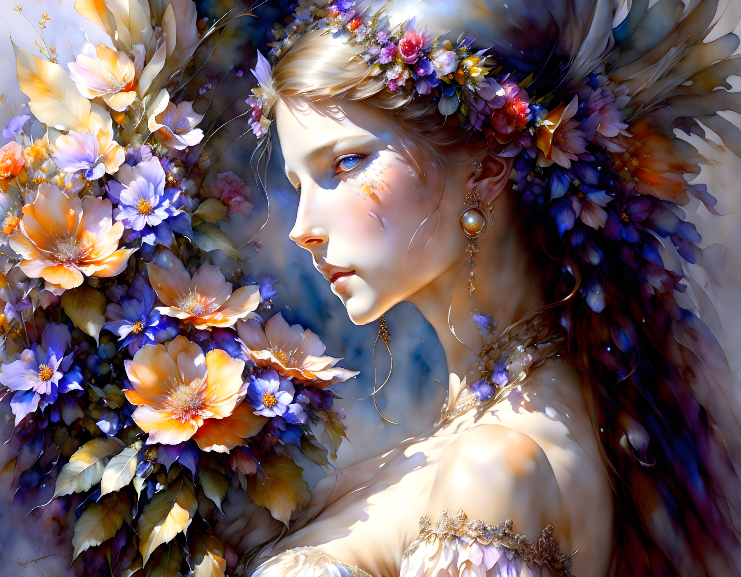 Woman with Floral Adornments Surrounded by Vibrant Flowers