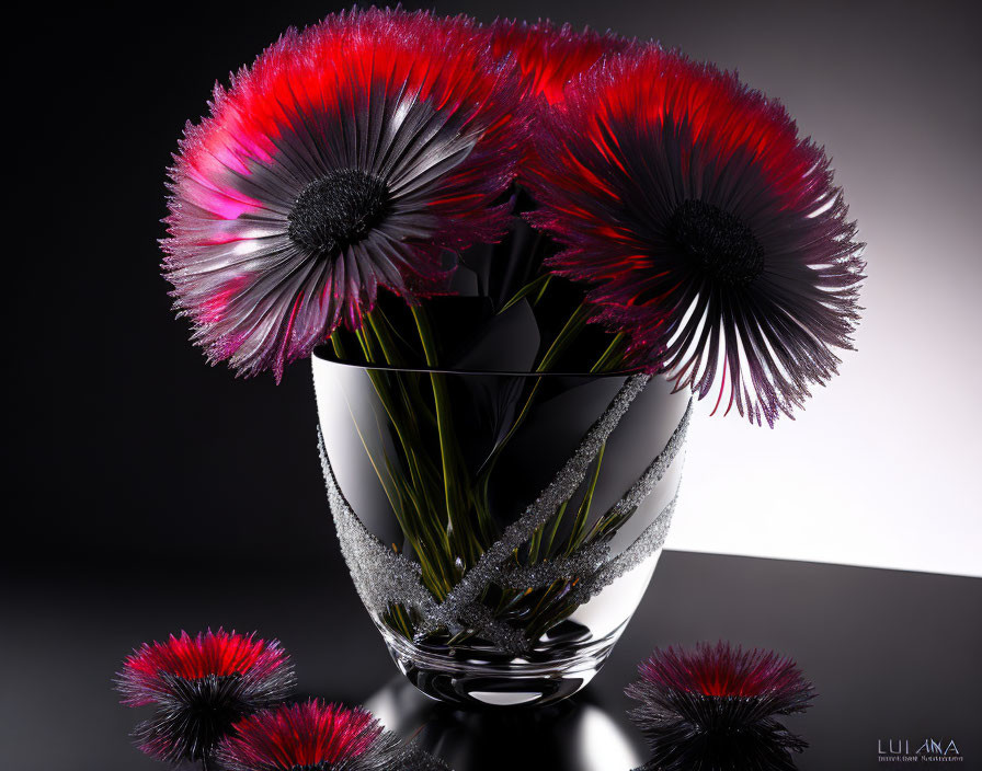 Transparent Vase with Red, Black, and White Flowers on Shiny Surface