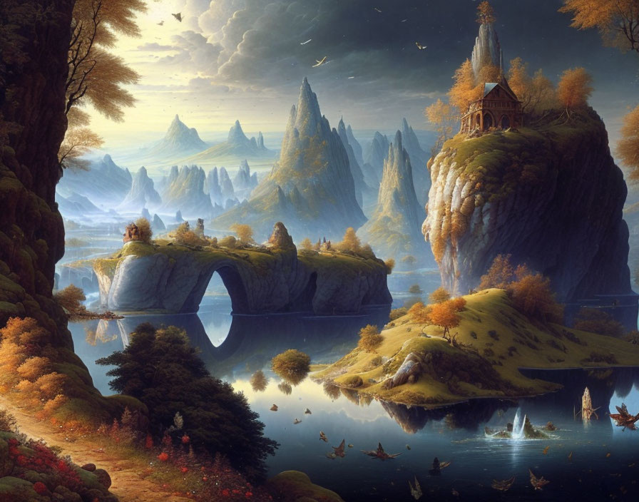 Tranquil fantasy landscape with mountains, bridge, lake, birds, castle